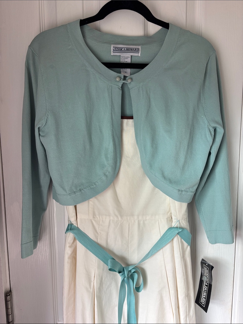 Jessica Howard Cream Midi Dress with Teal Floral Border and Brown Trim